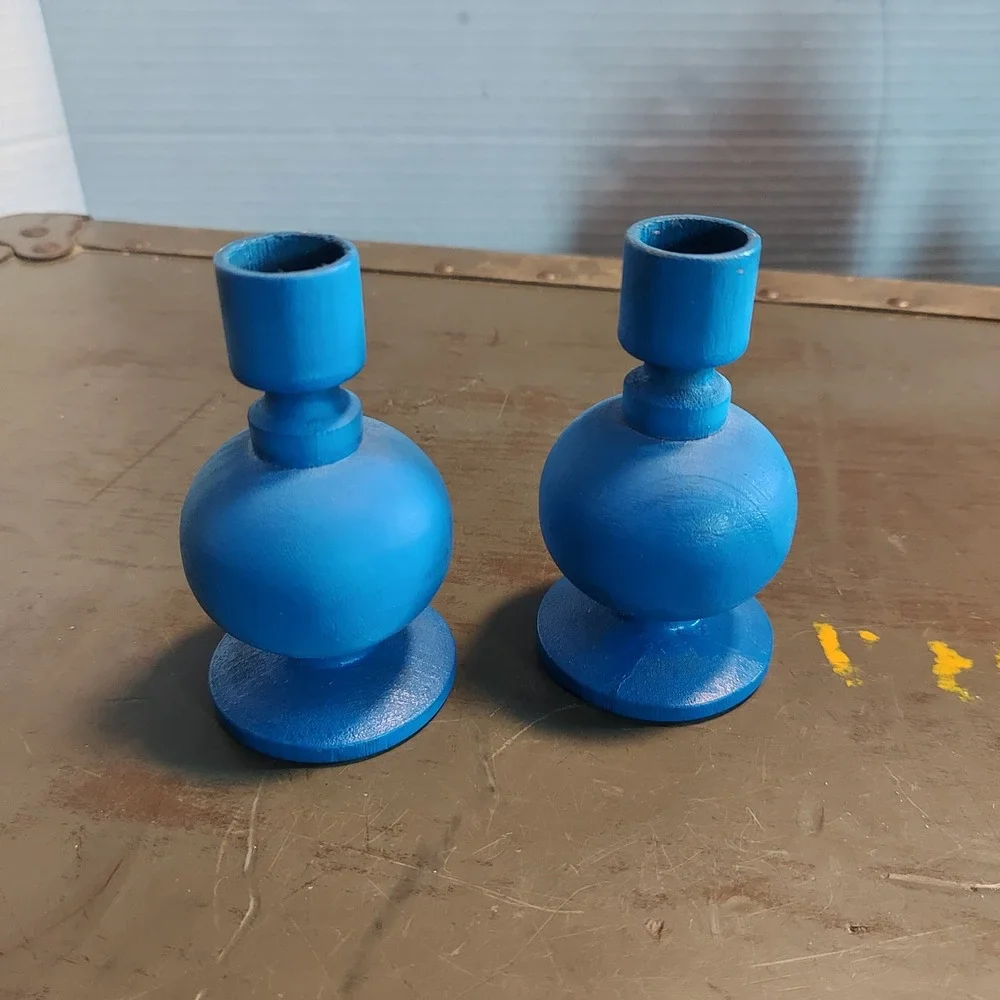 Aarikka Finland Blue Wooden Candle Holders Set of 2 Vintage Scandinavian Modern